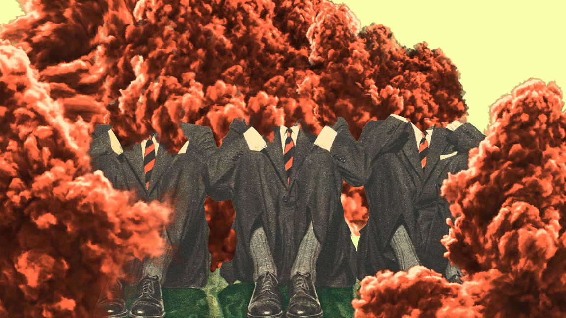 People in suits sitting around while the world is exploding in fumes