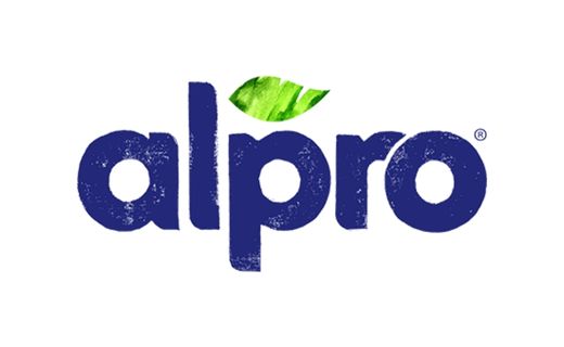 Alpro Logo with blue text saying Alpro and a green leave