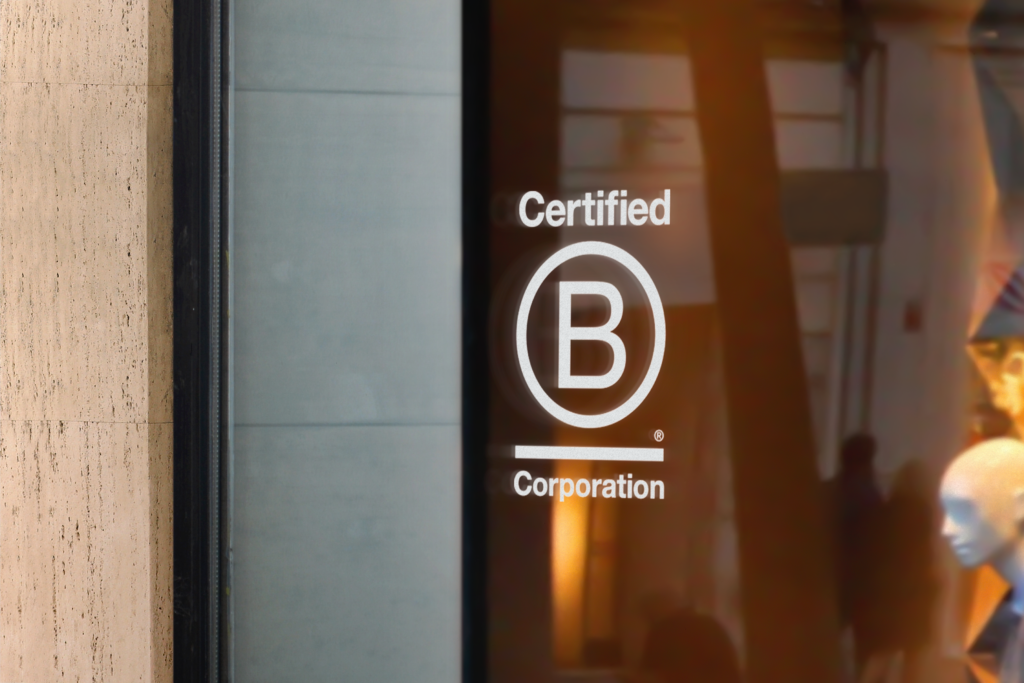 A B Corp displaying the Certified B Corporation logo in its store window