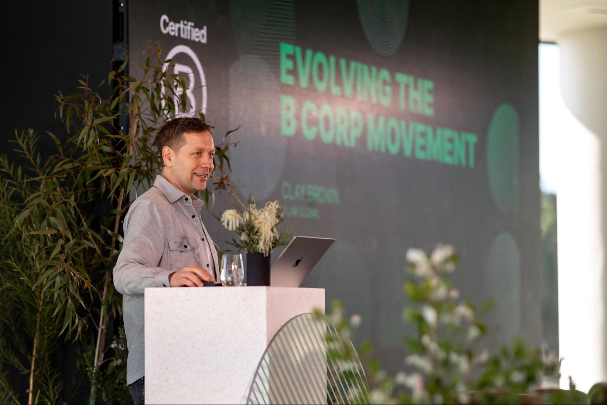 Clay Brown from B Lab talking about the evolving standards for B Corp Certification at the Assembly 2024 (Photo by B Lab Australia and Aotearoa New Zealand)